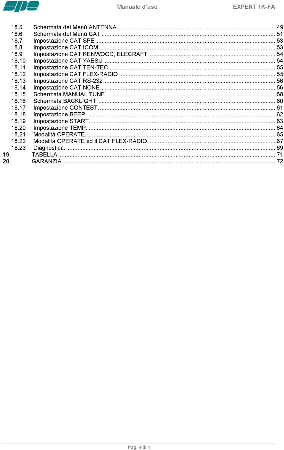 14 Impostazione CAT NONE... 56 18.15 Schermata MANUAL TUNE.... 58 18.16 Schermata BACKLIGHT... 60 18.17 Impostazione CONTEST.... 61 18.18 Impostazione BEEP... 62 18.