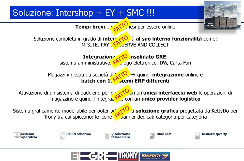 consolidato GRE: sistema amministrativo, catalogo elettronico, DW, Carta Fan Magazzini gestiti da società differenti quindi integrazione online e batch con 15 sistemi ERP differenti