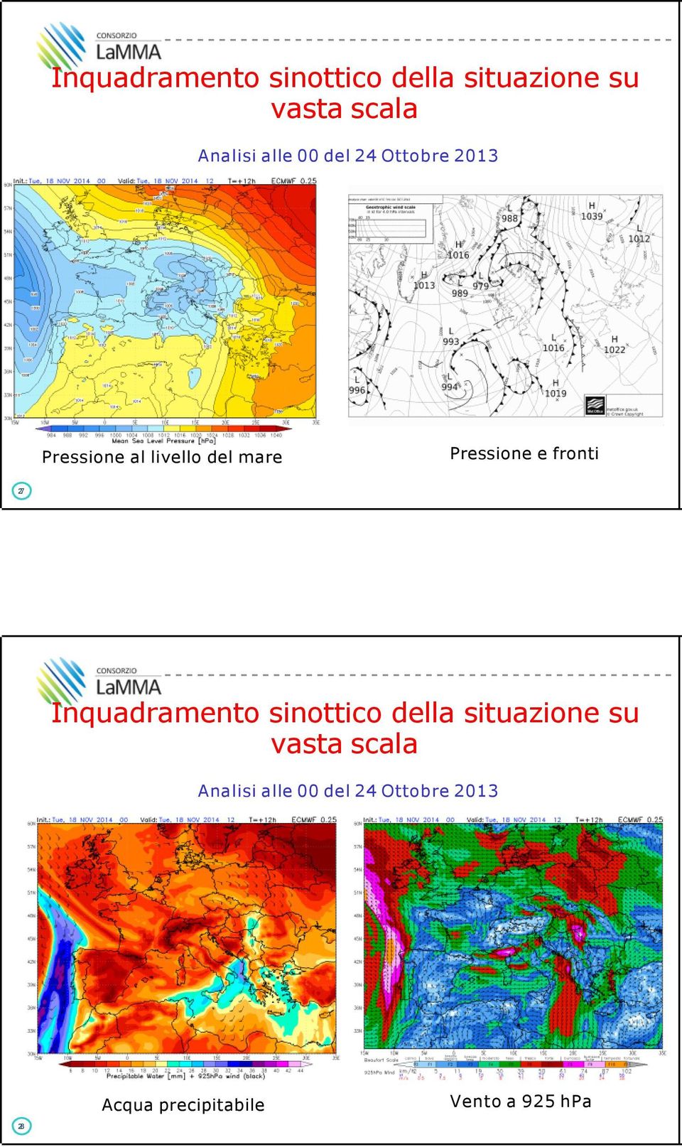 fronti 27  00 del 24 Ottobre 2013 Acqua precipitabile Vento a 925