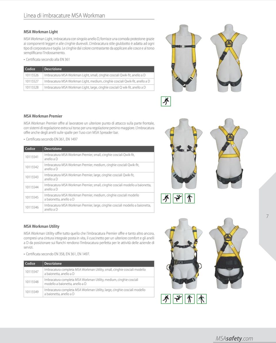 Certificata secondo alla EN 361 10115526 Imbracatura MSA Workman Light, small, cinghie cosciali Qwik-fit, anello a D 10115527 Imbracatura MSA Workman Light, medium, cinghie cosciali Qwik-fit, anello