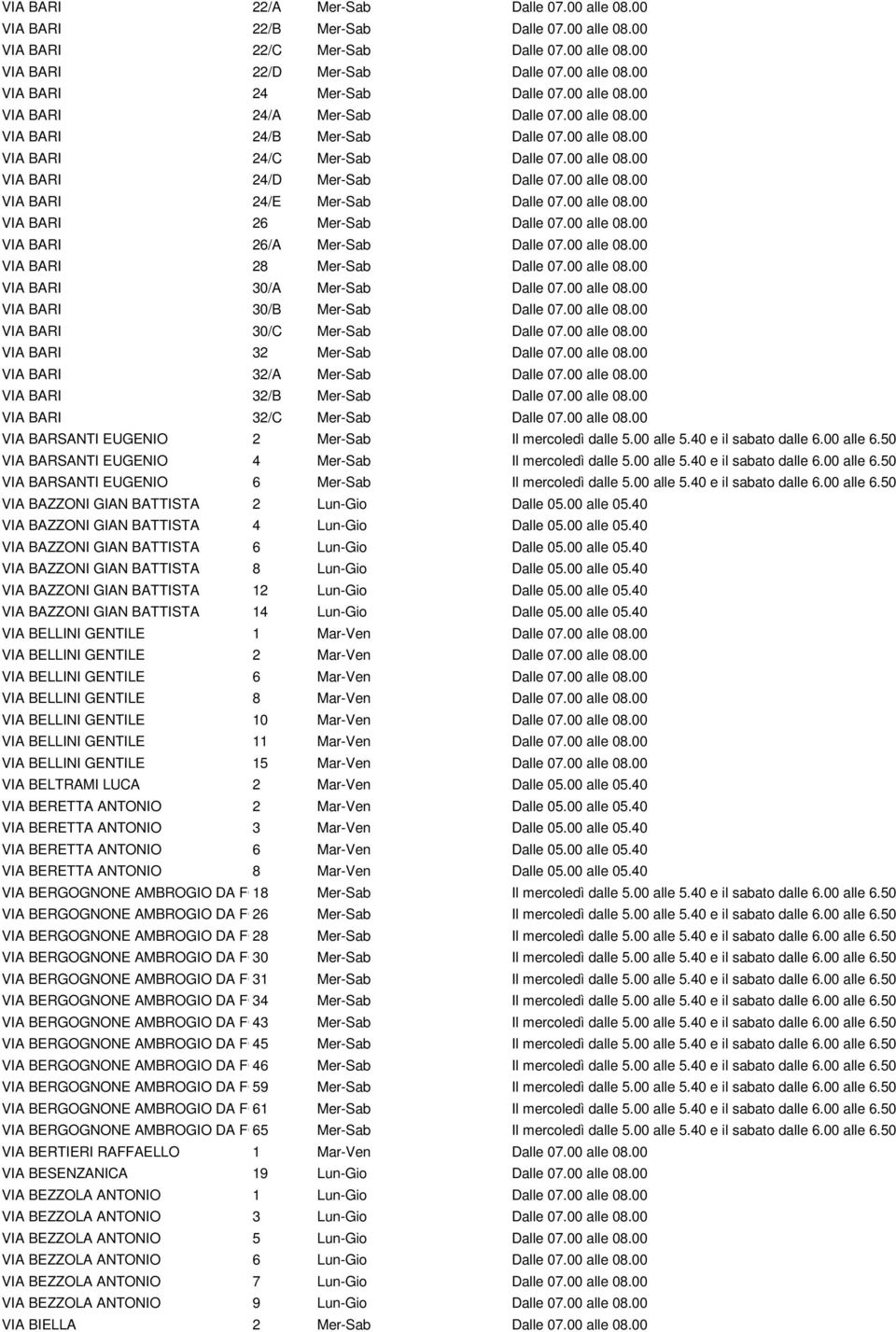 00 alle 08.00 VIA BARI 26 Mer-Sab Dalle 07.00 alle 08.00 VIA BARI 26/A Mer-Sab Dalle 07.00 alle 08.00 VIA BARI 28 Mer-Sab Dalle 07.00 alle 08.00 VIA BARI 30/A Mer-Sab Dalle 07.00 alle 08.00 VIA BARI 30/B Mer-Sab Dalle 07.