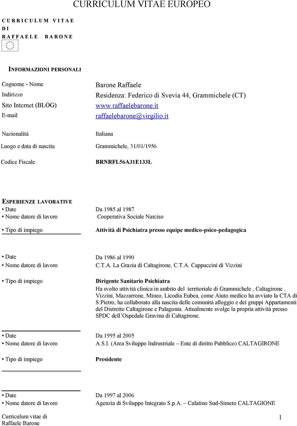 it Nazionalità Italiana Luogo e data di nascita Grammichele, 31/01/1956 Codice Fiscale BRNRFL56A31E133L ESPERIENZE LAVORATIVE Da 1985 al 1987 Cooperativa Sociale Narciso Attività di Psichiatra presso