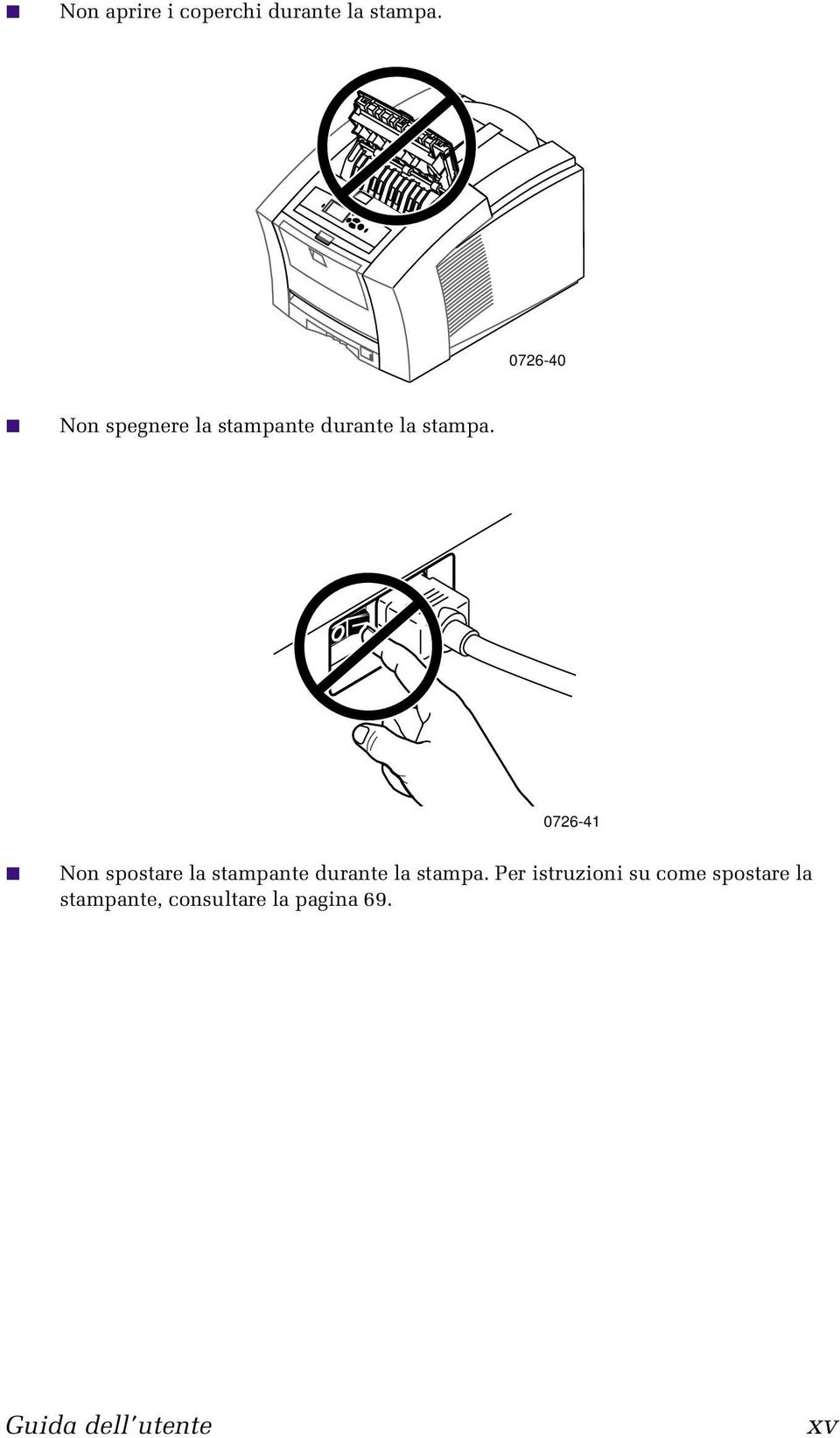 Materiali di consumo 0726-41 Non spostare la stampante durante