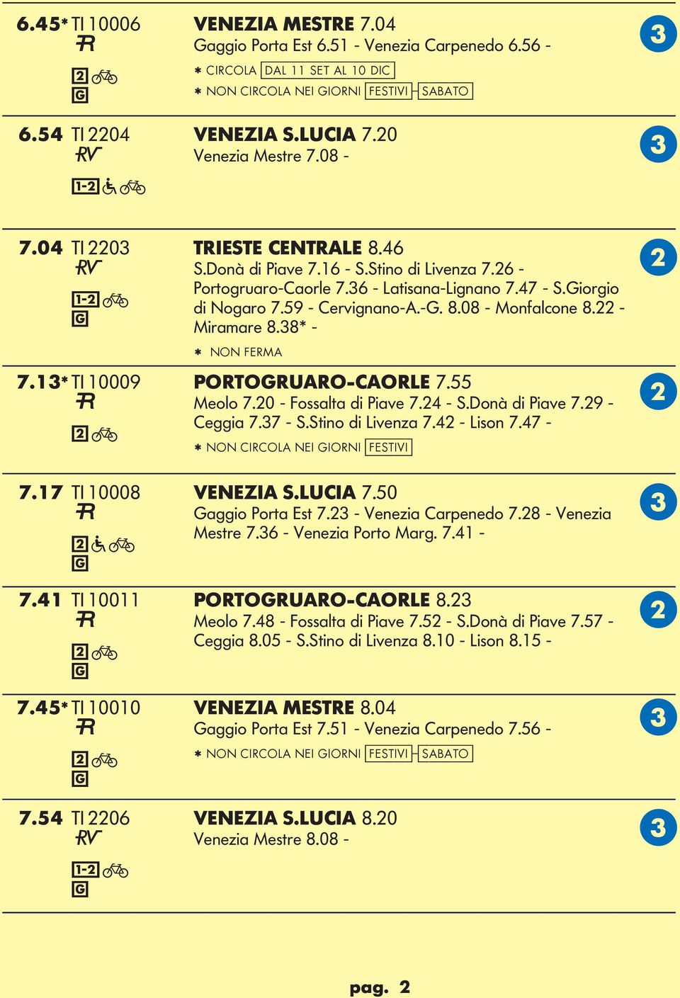 22 - Miramare 8.38* - 7.13* TI 10009 PORTORUARO-AORE 7.55 Meolo 7.20 - Fossalta di Piave 7.24 - S.Donà di Piave 7.29 - eggia 7.37 - S.Stino di ivenza 7.42 - ison 7.