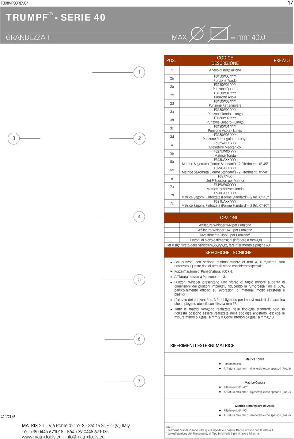 YYY Punzone Rettangolare - Lungo 4 F622SWXX.YYY Estrattore Meccanico 5a F327UW00.YYY Matrice Tonda 5b F328UAXX.YYY Matrice Sagomata (Forme Standard 1 ) - 2 Riferimenti: 0-45 5c F329UAXX.