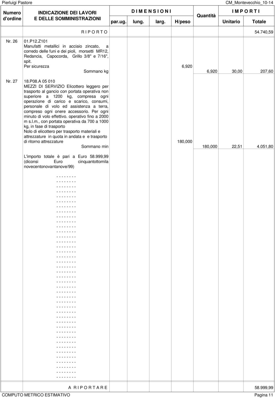 A 05 010 MEZZI DI SERVIZIO Elicottero leggero per trasporto al gancio con portata operativa non superiore a 1200 kg, compresa ogni operazione di carico e scarico, consumi, personale di volo ed