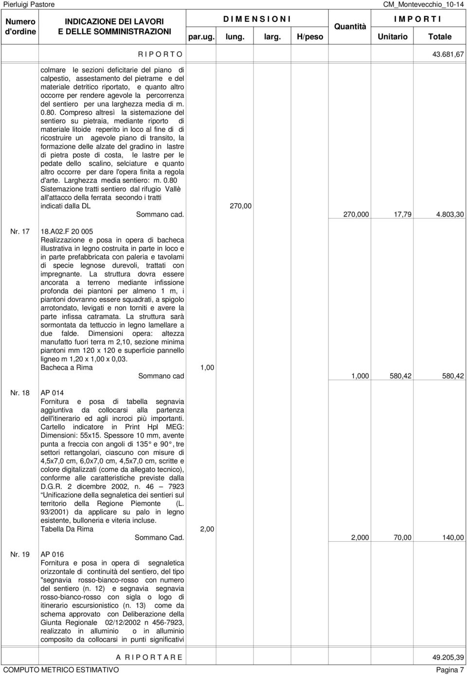 Compreso altresì la sistemazione del sentiero su pietraia, mediante riporto di materiale litoide reperito in loco al fine di di ricostruire un agevole piano di transito, la formazione delle alzate