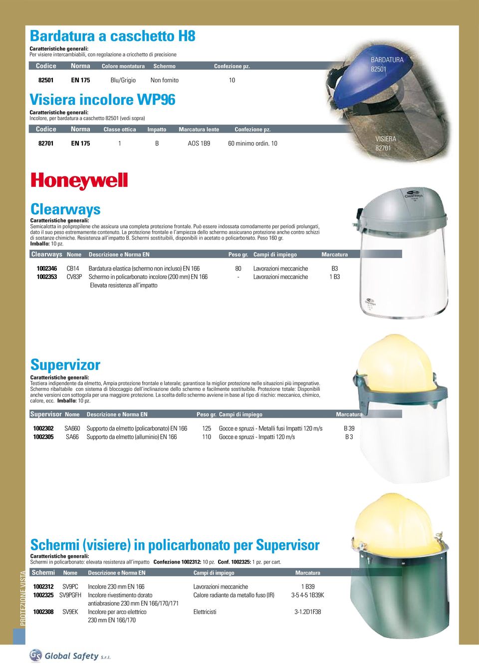 82701 EN 175 1 B AOS 1B9 60 minimo ordin. 10 BARDATURA 82501 VISIERA 82701 Clearways Semicalotta in polipropilene che assicura una completa protezione frontale.