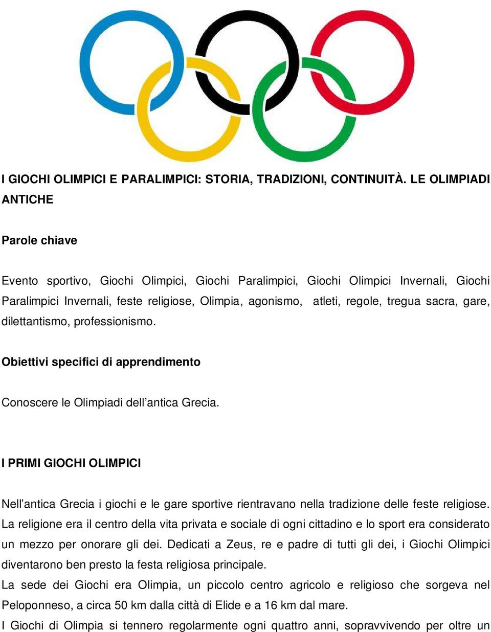 tregua sacra, gare, dilettantismo, professionismo. Obiettivi specifici di apprendimento Conoscere le Olimpiadi dell antica Grecia.