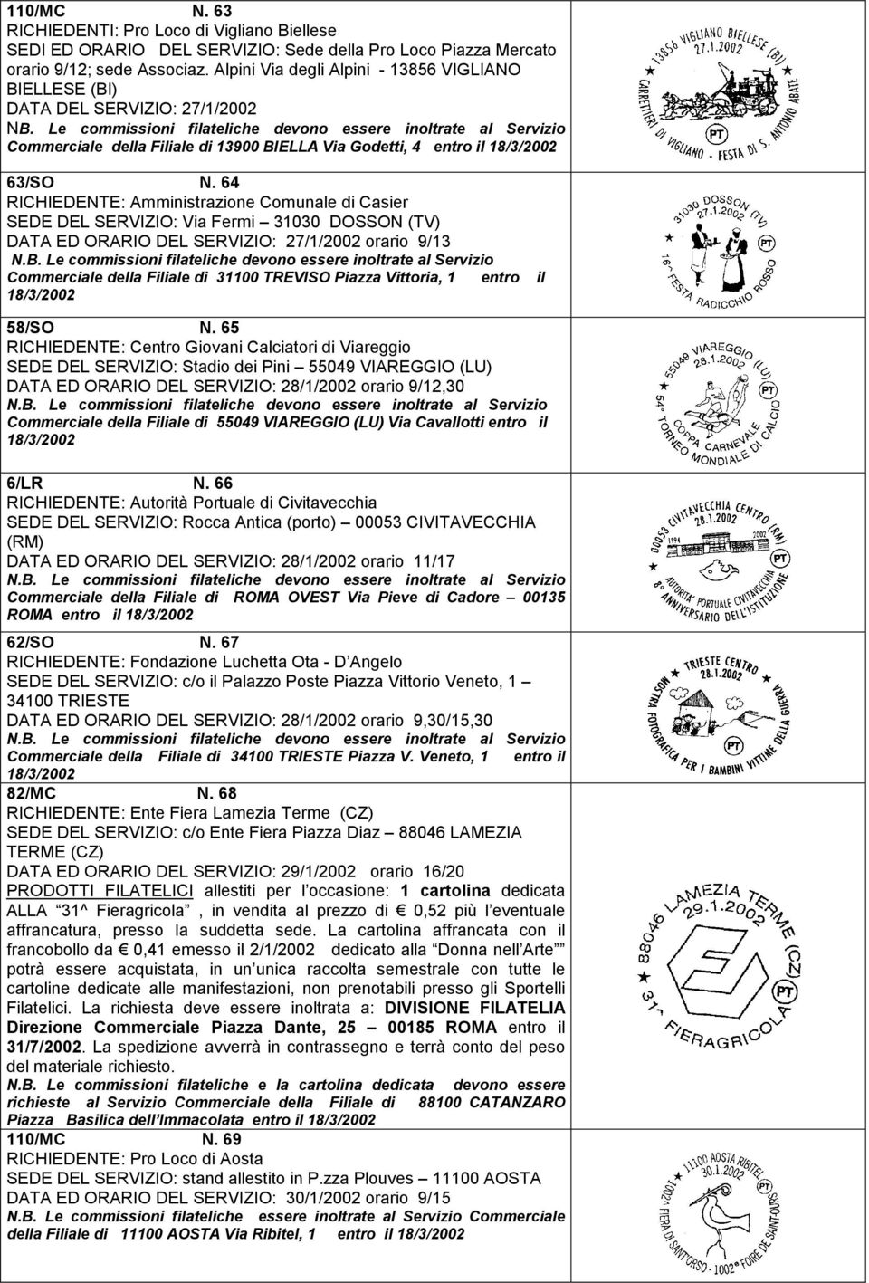 Le commissioni filateliche devono essere inoltrate al Servizio Commerciale della Filiale di 13900 BIELLA Via Godetti, 4 entro il 63/SO N.