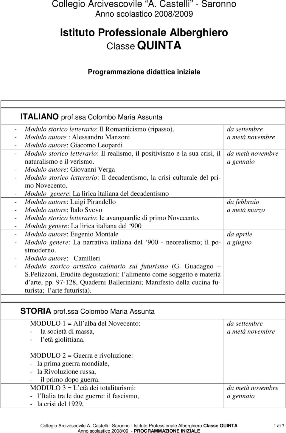 - Modulo autore : Alessandro Manzoni - Modulo autore: Giacomo Leopardi - Modulo storico letterario: Il realismo, il positivismo e la sua crisi, il naturalismo e il verismo.