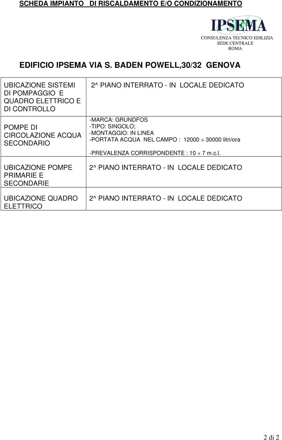 SECONDARIO UBICAZIONE POMPE PRIMARIE E SECONDARIE UBICAZIONE QUADRO ELETTRICO 2^ PIANO INTERRATO - IN LOCALE DEDICATO -