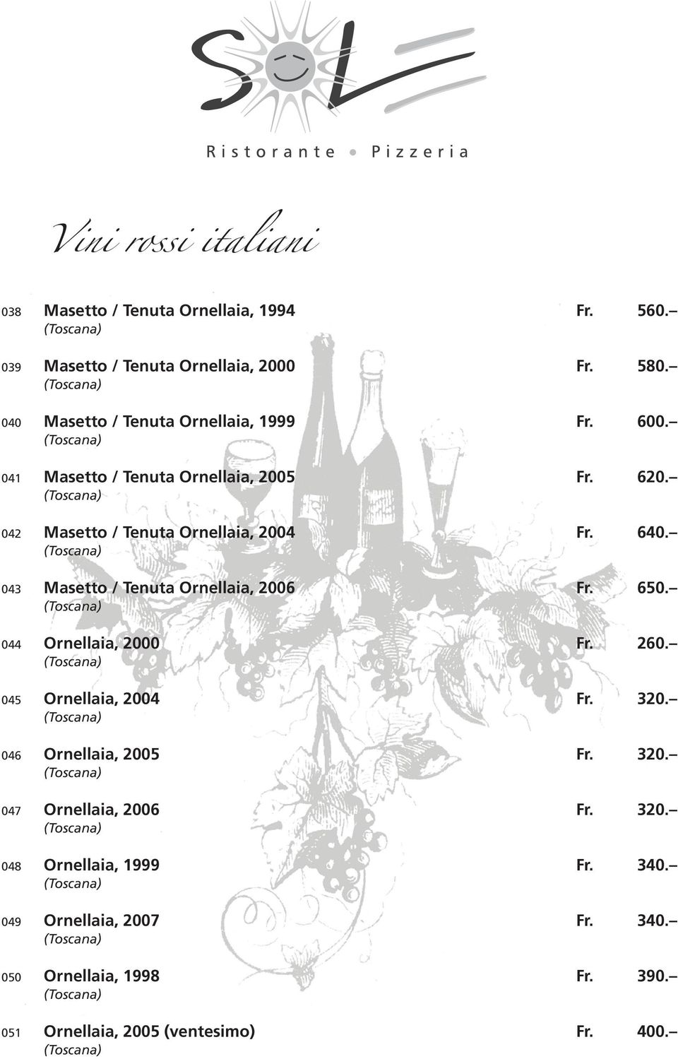 042 Masetto / Tenuta Ornellaia, 2004 Fr. 640. 043 Masetto / Tenuta Ornellaia, 2006 Fr. 650. 044 Ornellaia, 2000 Fr. 260.