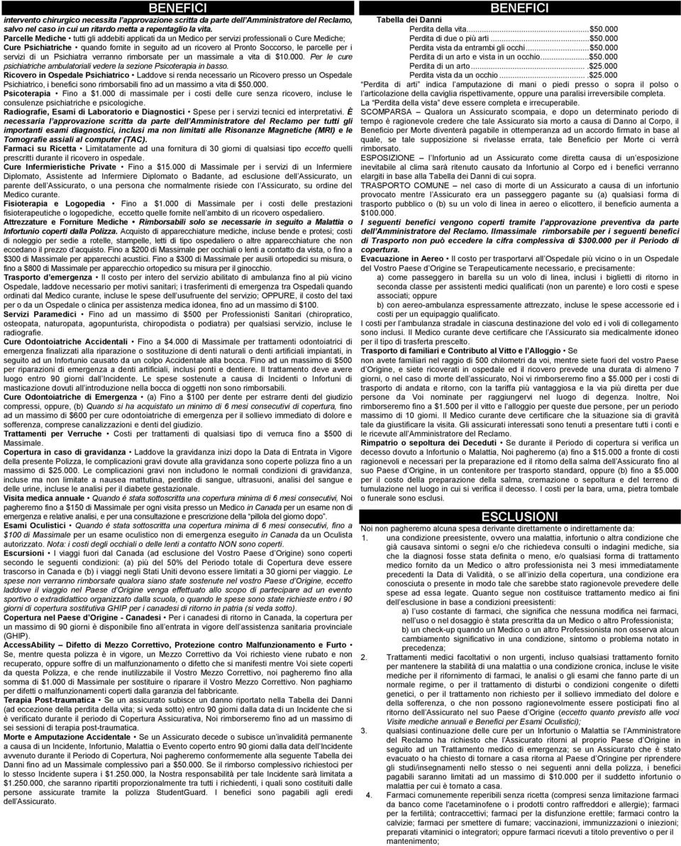 servizi di un Psichiatra verranno rimborsate per un massimale a vita di $10.000. Per le cure psichiatriche ambulatoriali vedere la sezione Psicoterapia in basso.