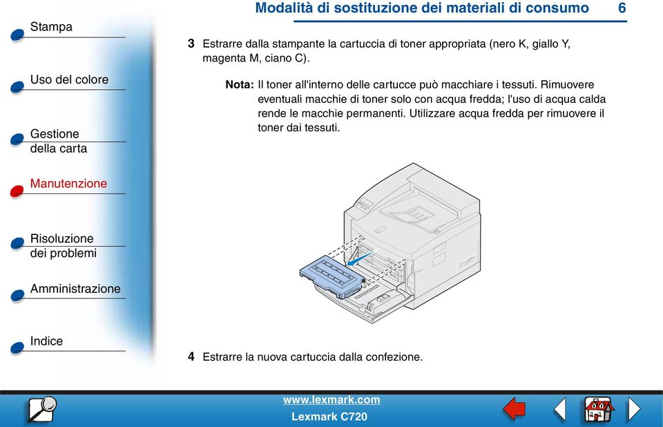 Nota: Il toner all'interno delle cartucce può macchiare i tessuti.