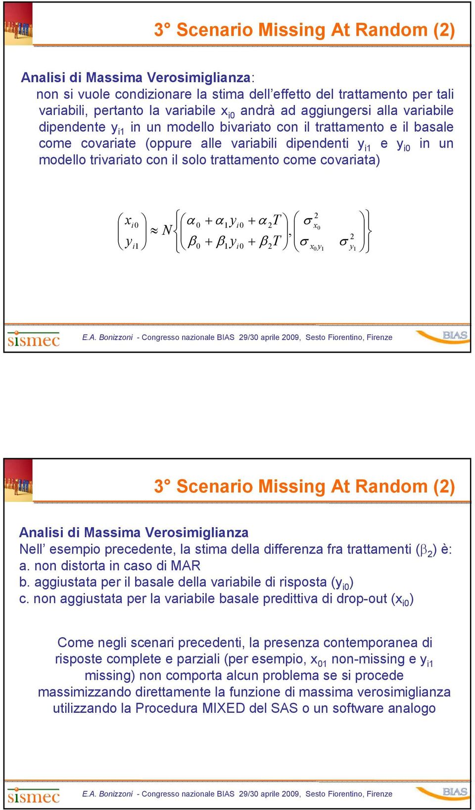 covariata) xi i α + α N β + β i i + α T x + β T x 3 Scenario Missing At Random () Analisi di Massima Verosimiglianza Nell esempio precedente la stima della differenza fra trattamenti (β ) è: a.