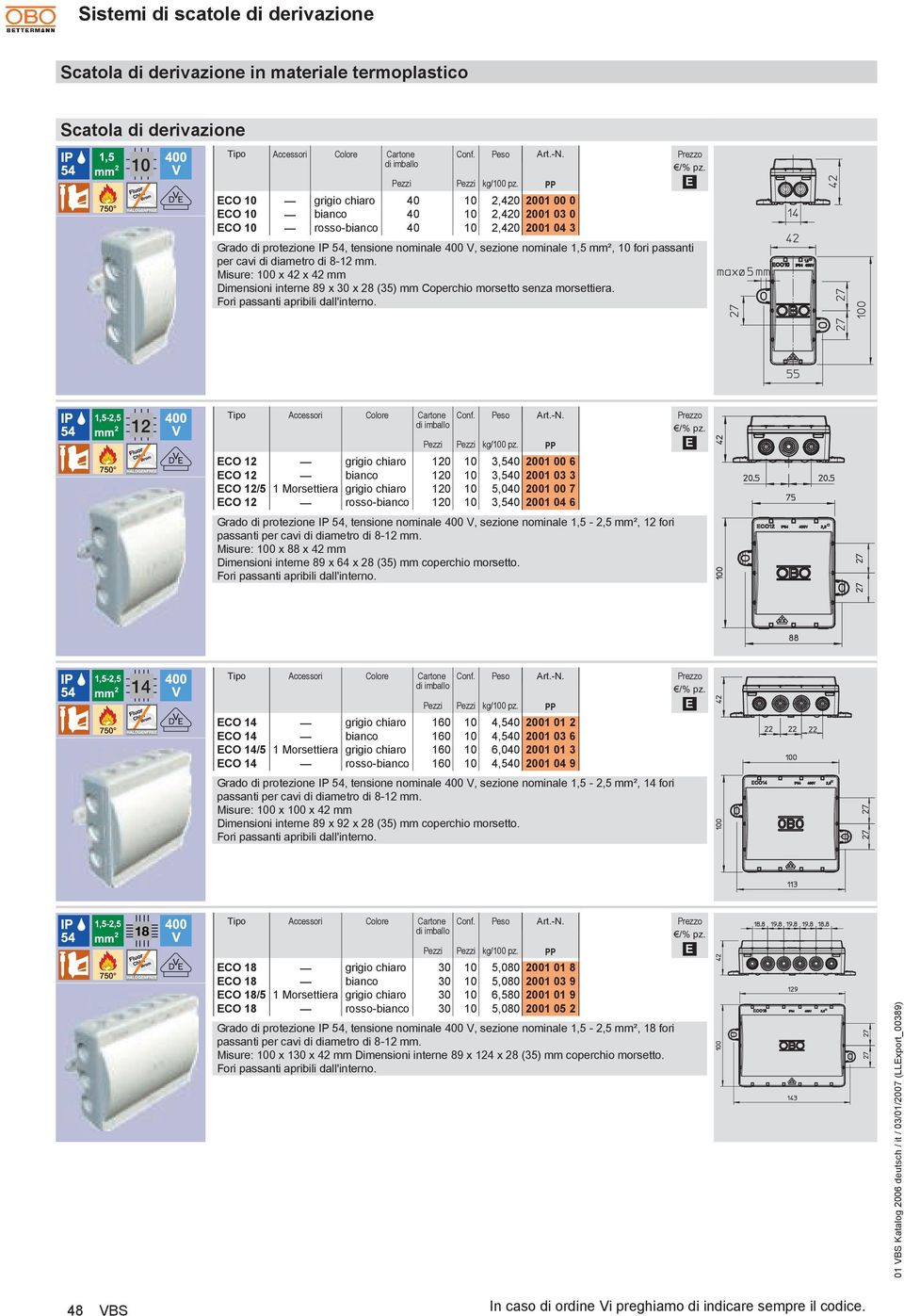 10 fori passanti per cavi di diametro di 8-12 mm. isure: 100 x 42 x 42 mm Dimensioni interne 89 x 30 x 28 (35) mm Coperchio morsetto senza morsettiera. Fori passanti apribili dall'interno.