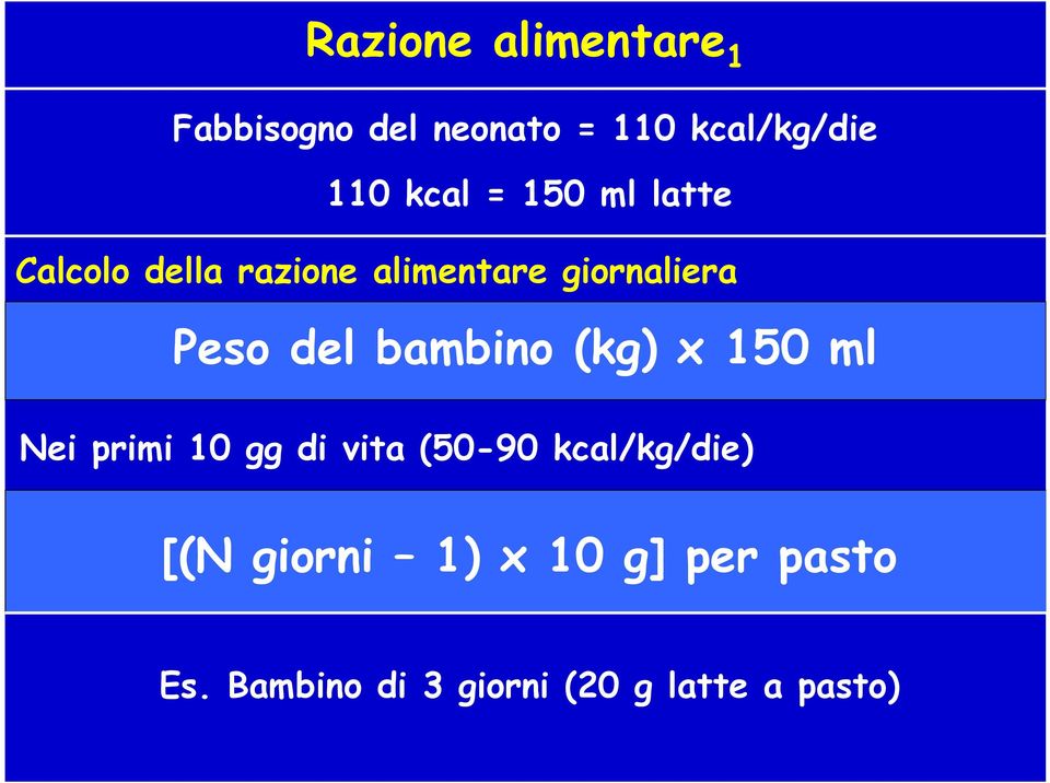 bambino (kg) x 150 ml Nei primi 10 gg di vita (50-90 kcal/kg/die) [(N