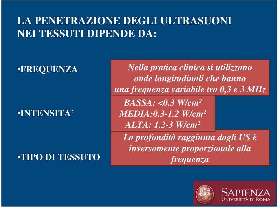 frequenza variabile tra 0,3 e 3 MHz BASSA: <0.3 W/cm 2 MEDIA:0.3-1.2 W/cm 2 ALTA: 1.