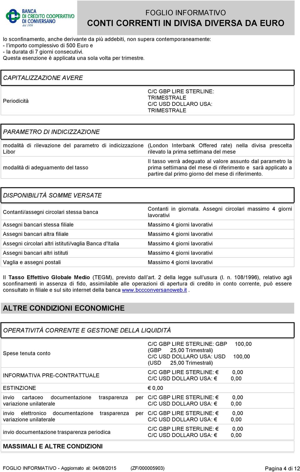 CAPITALIZZAZIONE AVERE Periodicità TRIMESTRALE TRIMESTRALE PARAMETRO DI INDICIZZAZIONE modalità di rilevazione del parametro di indicizzazione Libor modalità di adeguamento del tasso (London