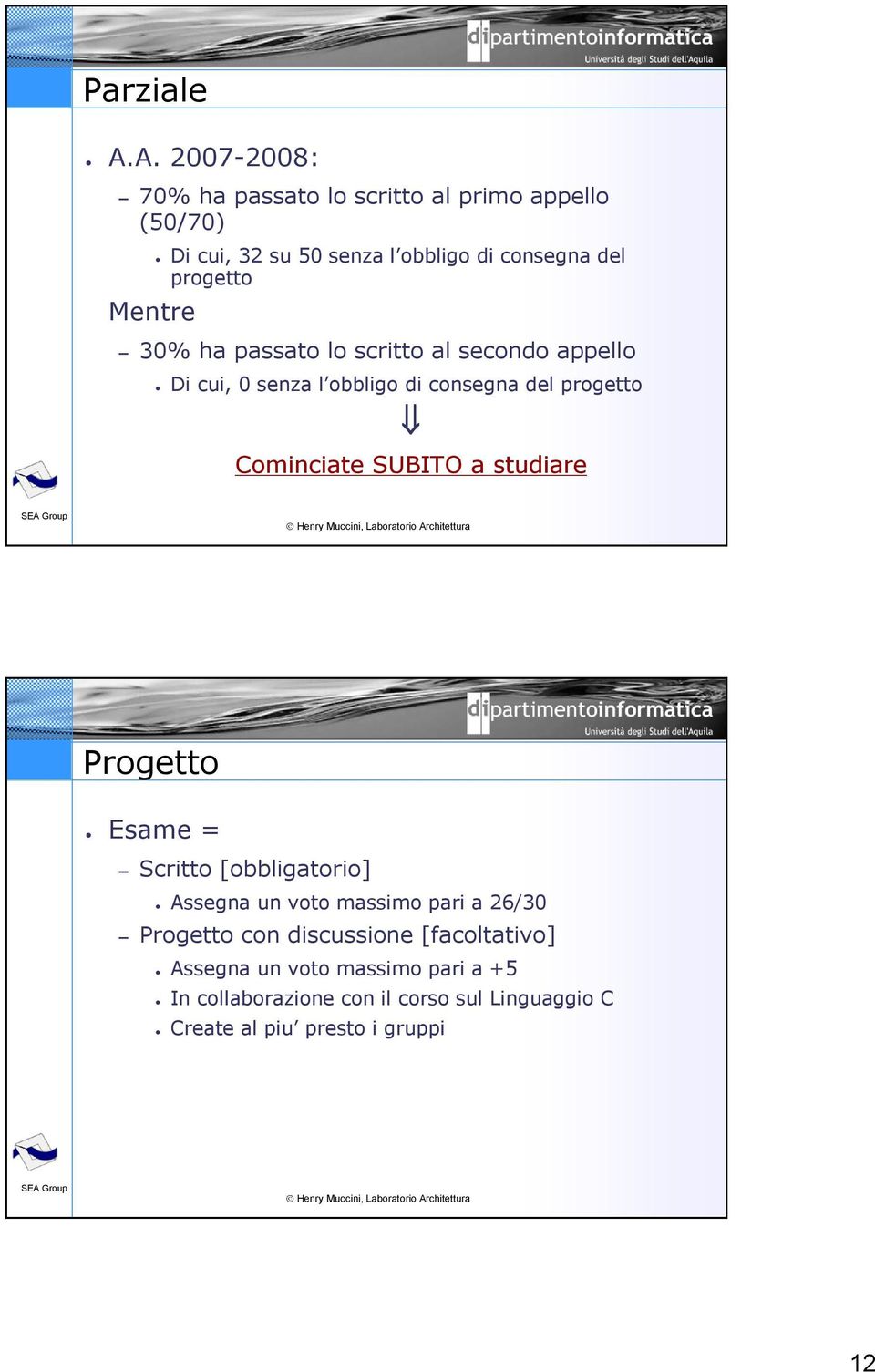 progetto 30% ha passato lo scritto al secondo appello Di cui, 0 senza l obbligo di consegna del progetto Cominciate SUBITO a