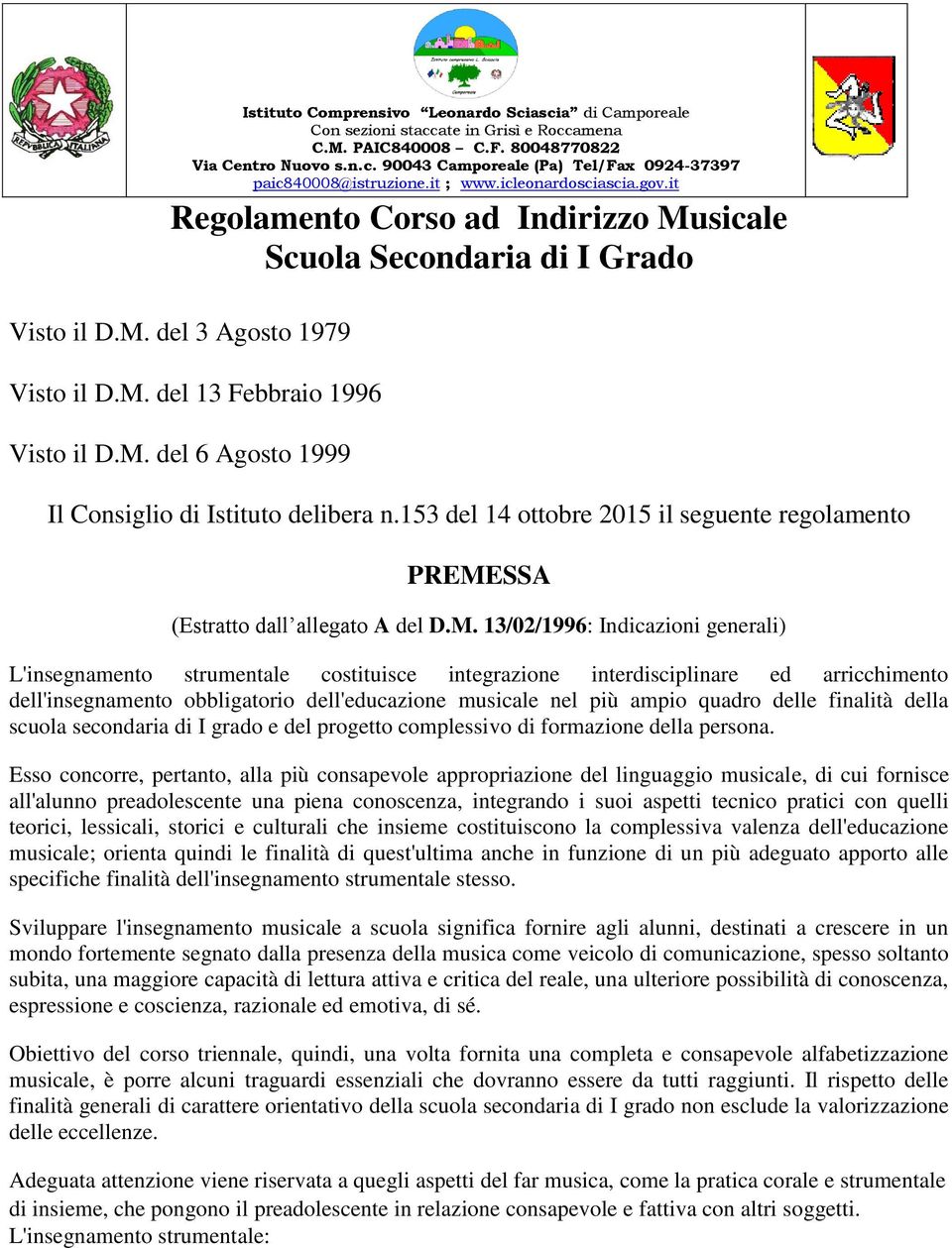 153 del 14 ottobre 2015 il seguente regolamento PREME