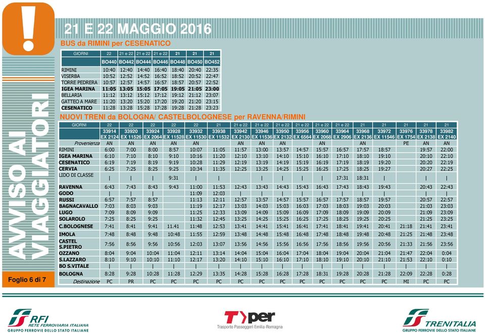 21:12 23:07 GATTEO A MARE 11:20 13:20 15:20 17:20 19:20 21:20 23:15 CESENATICO 11:28 13:28 15:28 17:28 19:28 21:28 23:23 NUOVI TRENI da BOLOGNA/ CASTELBOLOGNESE per RAVENNA/RIMINI GIORNI 22 22 22 22