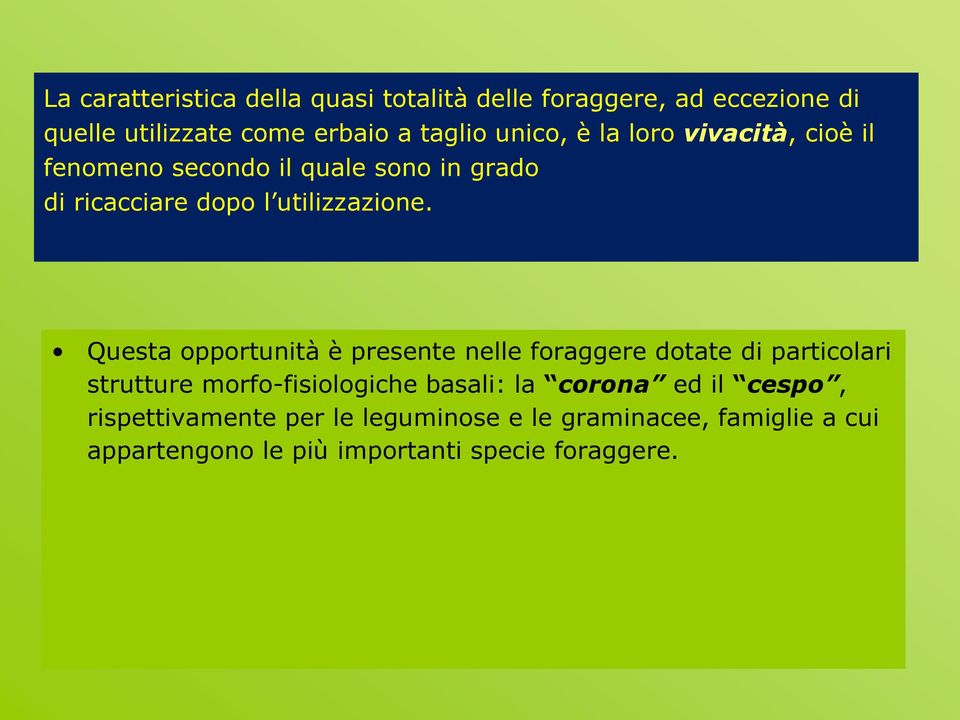 Questa opportunità è presente nelle foraggere dotate di particolari strutture morfo-fisiologiche basali: la corona