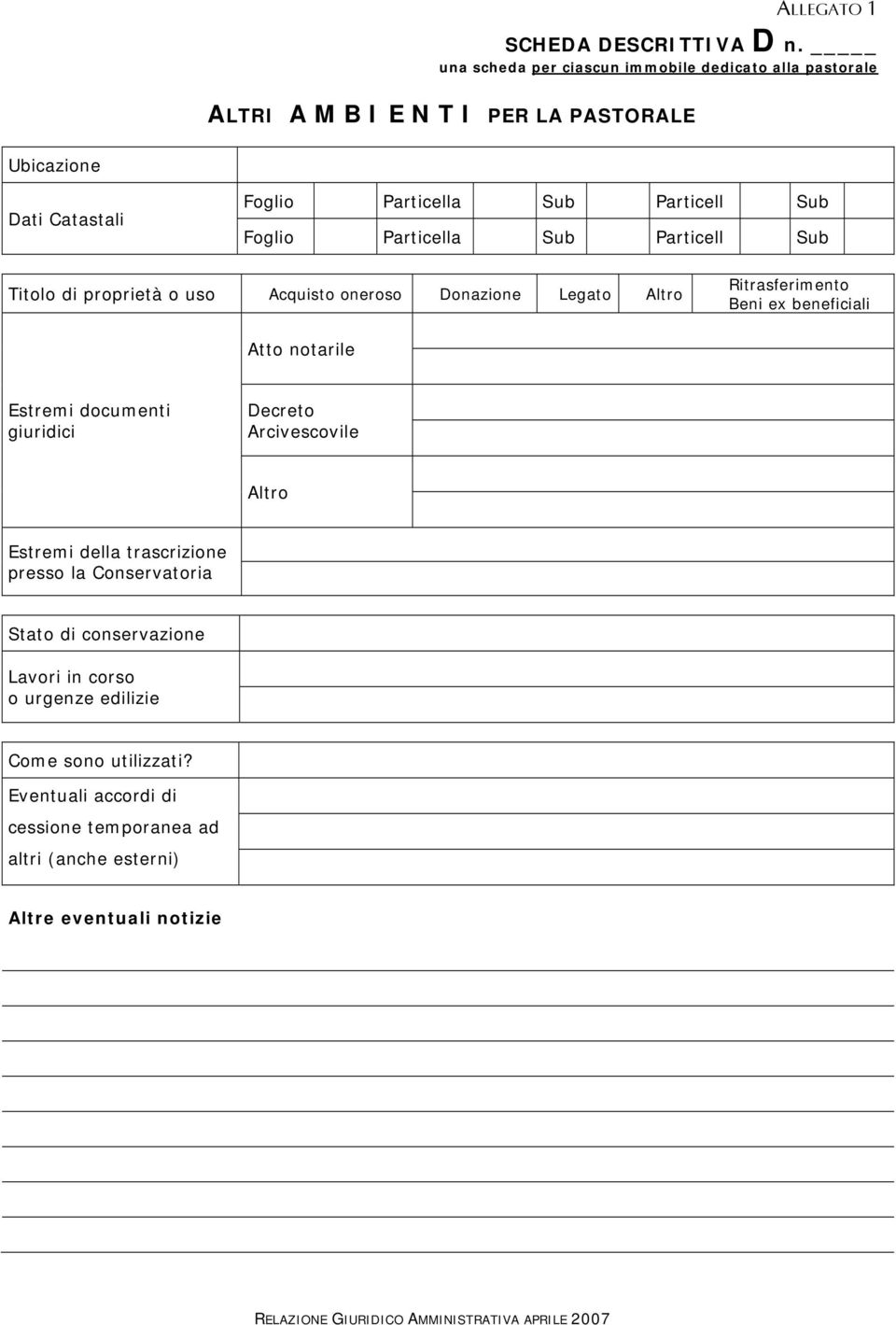 Particella Sub Particell Sub Titolo di proprietà o uso Acquisto oneroso Donazione Legato Altro Ritrasferimento Beni ex beneficiali Atto notarile Estremi documenti