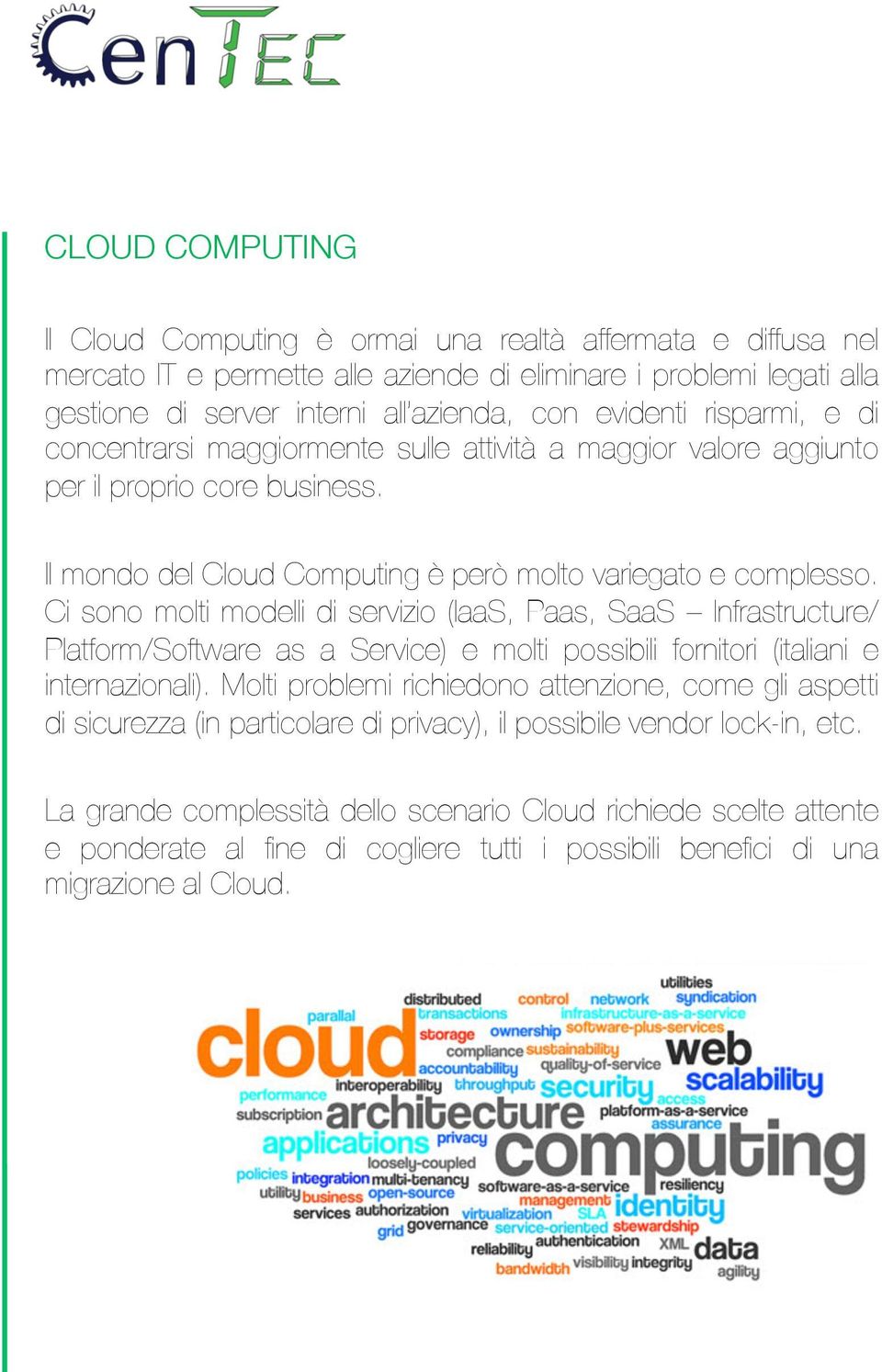 Ci sono molti modelli di servizio (IaaS, Paas, SaaS Infrastructure/ Platform/Software as a Service) e molti possibili fornitori (italiani e internazionali).