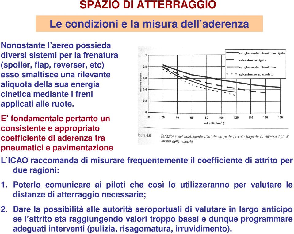 E fondamentale pertanto un consistente e appropriato coefficiente di aderenza tra pneumatici e pavimentazione L ICAO raccomanda di misurare frequentemente il coefficiente di attrito per due