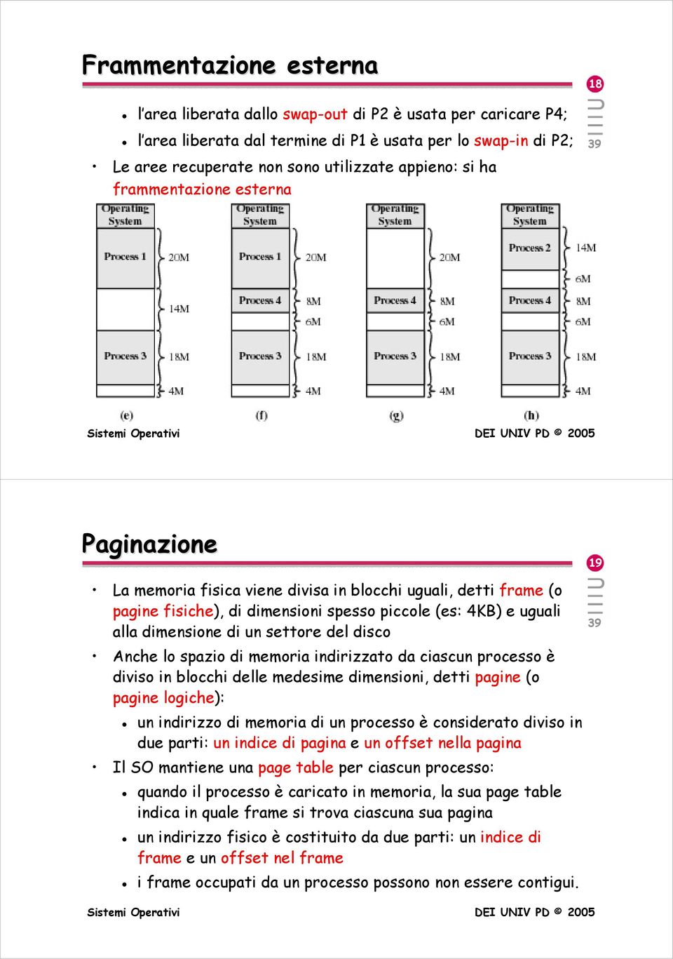 settore del disco 19 Anche lo spazio di memoria indirizzato da ciascun processo è diviso in blocchi delle medesime dimensioni, detti pagine (o pagine logiche): un indirizzo di memoria di un processo