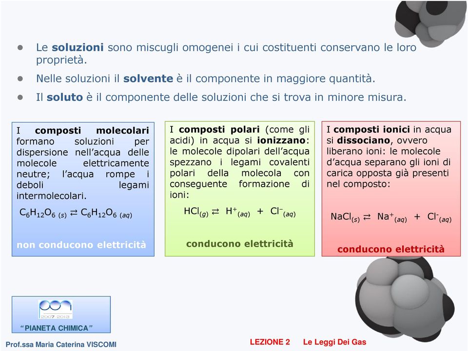 I composti molecolari formano soluzioni per dispersione nell acqua delle molecole elettricamente neutre; l acqua rompe i deboli legami intermolecolari.