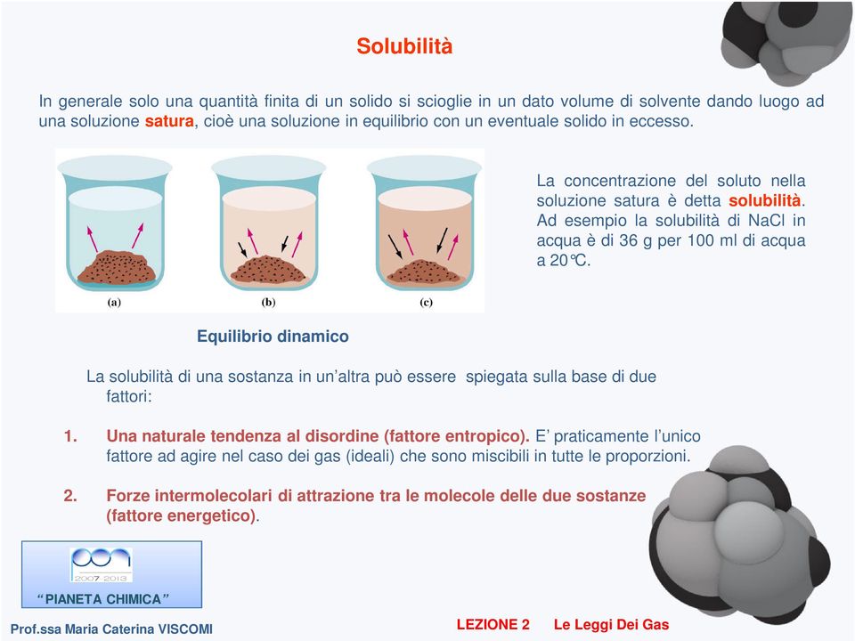 Equilibrio dinamico La solubilità di una sostanza in un altra può essere spiegata sulla base di due fattori: 1. Una naturale tendenza al disordine (fattore entropico).