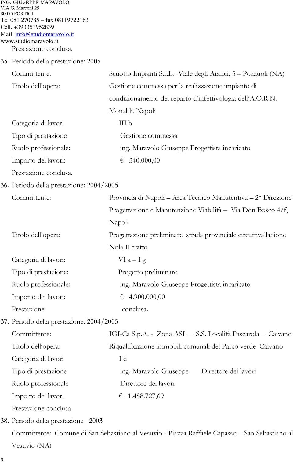 000,00 conclusa. 36. Periodo della prestazione: 2004/2005 : : : : : ing.