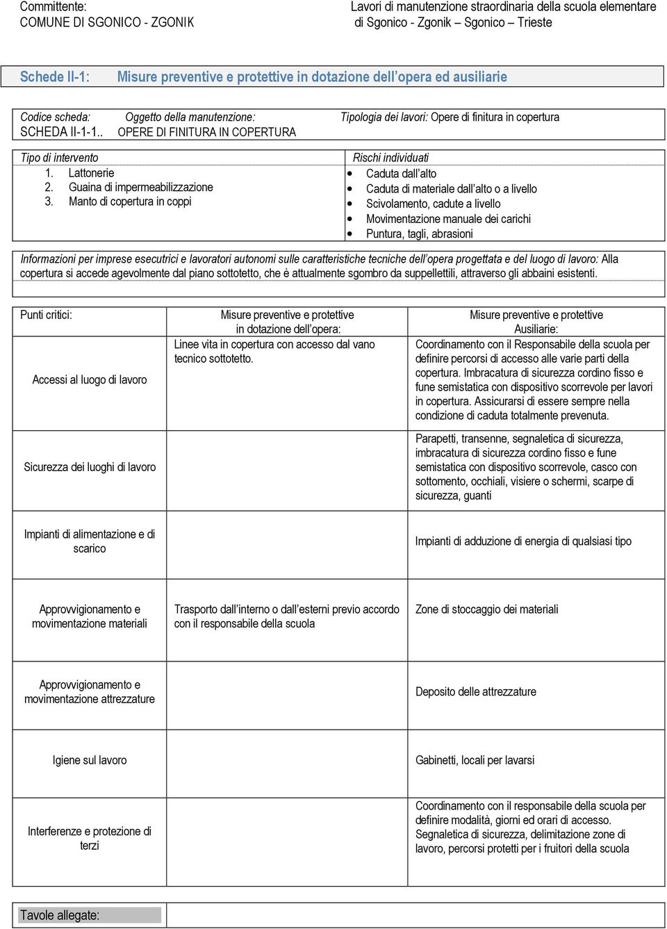 Manto di copertura in coppi Rischi individuati Caduta dall alto Caduta di materiale dall alto o a livello Scivolamento, cadute a livello Movimentazione manuale dei carichi Puntura, tagli, abrasioni