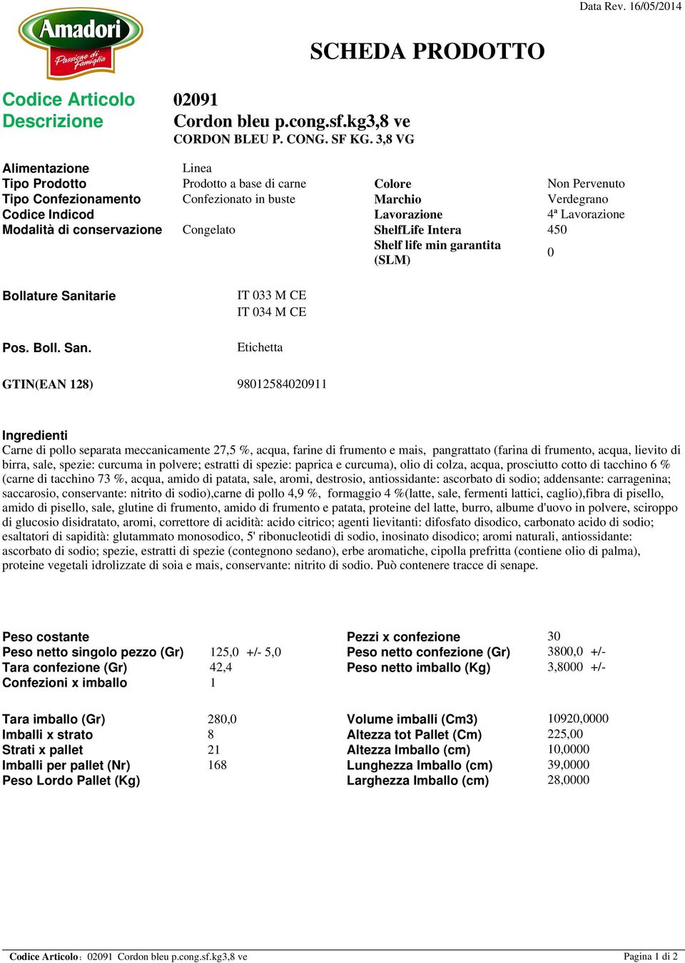 128) 98125842911 Carne di pollo separata meccanicamente 27,5 %, acqua, farine di frumento e mais, pangrattato (farina di frumento, acqua, lievito di birra, sale, spezie: curcuma in polvere; estratti