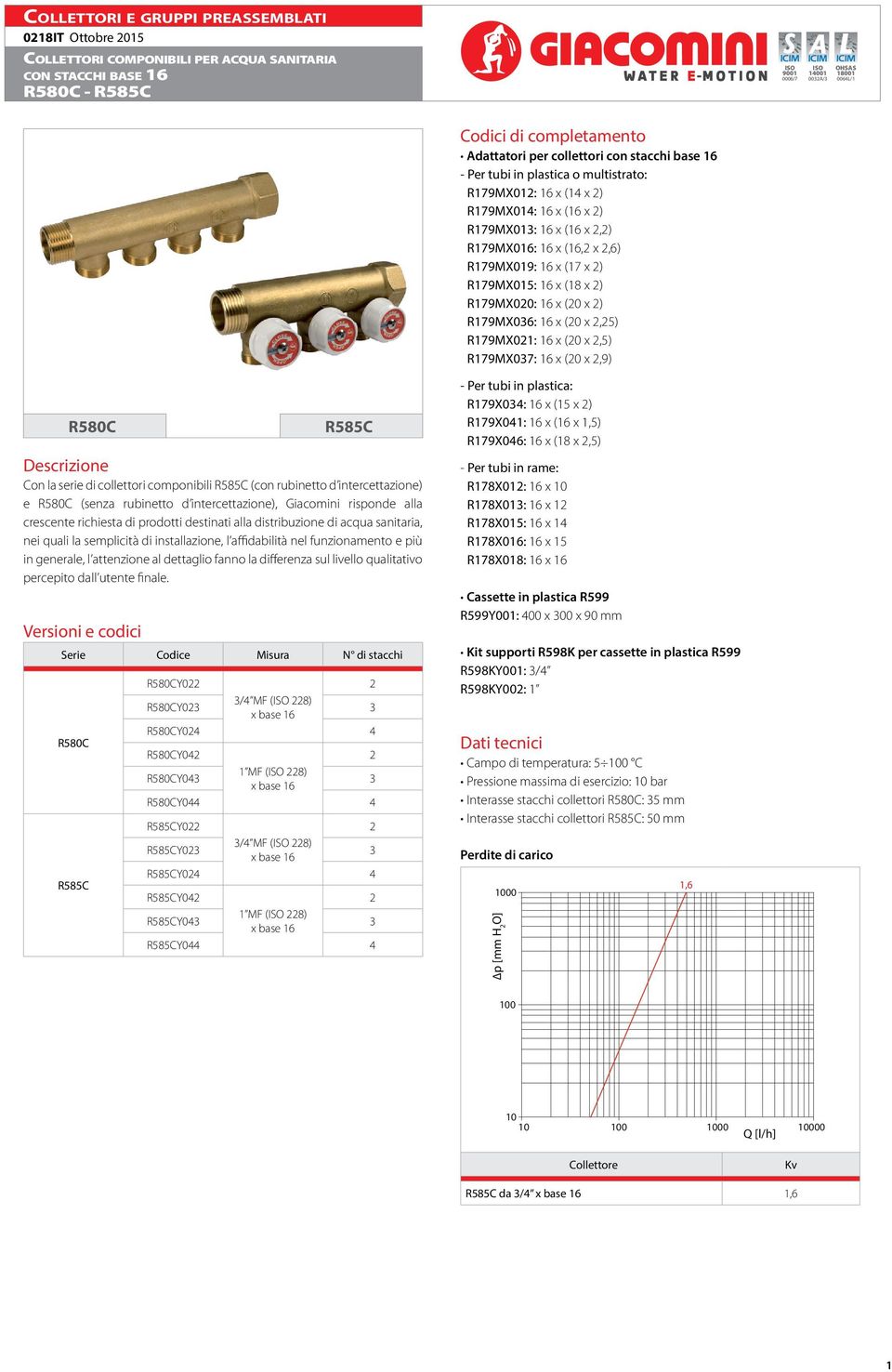 16 x (0 x ) R179MX06: 16 x (0 x,5) R179MX01: 16 x (0 x,5) R179MX07: 16 x (0 x,9) R580 escrizione on la serie di collettori componibili R585 (con rubinetto d intercettazione) e R580 (senza rubinetto d