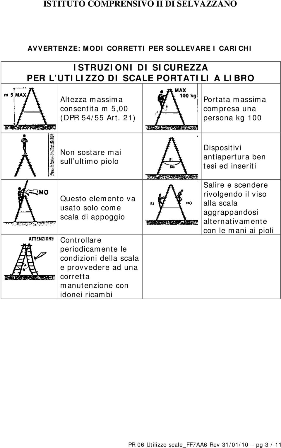 21) Portata massima compresa una persona kg 100 Non sostare mai sull ultimo piolo Questo elemento va usato solo come scala di appoggio Controllare