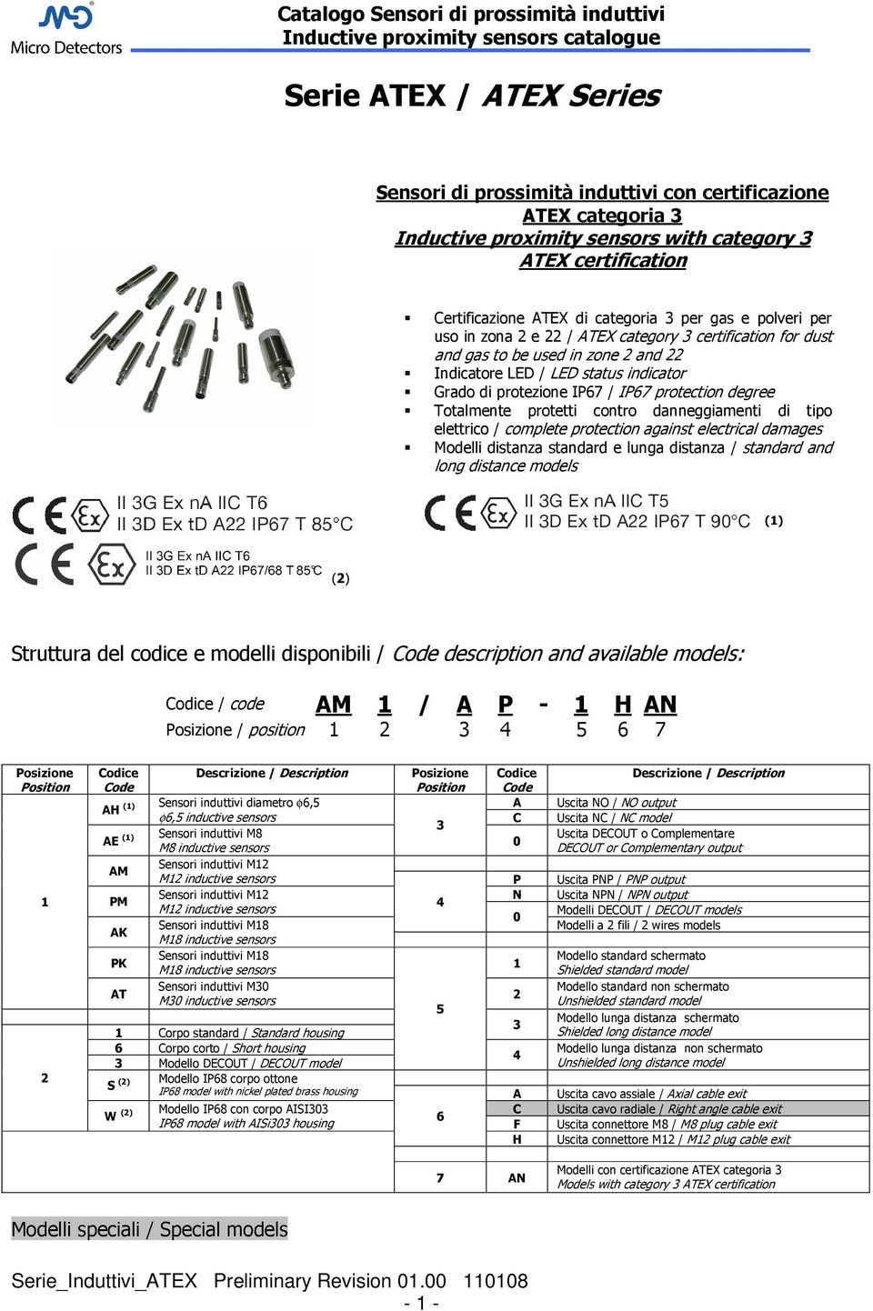 danneggiamenti di tipo elettrico / complete protection against electrical damages Modelli distanza standard e lunga distanza / standard and long distance models (1) (2) Struttura del codice e modelli