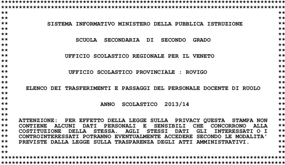 : ROVIGO ** ** ** ** ** ** ELENCO DEI TRASFERIMENTI E PASSAGGI DEL PERSONALE DOCENTE DI RUOLO ** ** ** ** ** ** ANNO SCOLASTICO 2013/14 ** ** ** ** ** ** ATTENZIONE: PER EFFETTO DELLA LEGGE SULLA