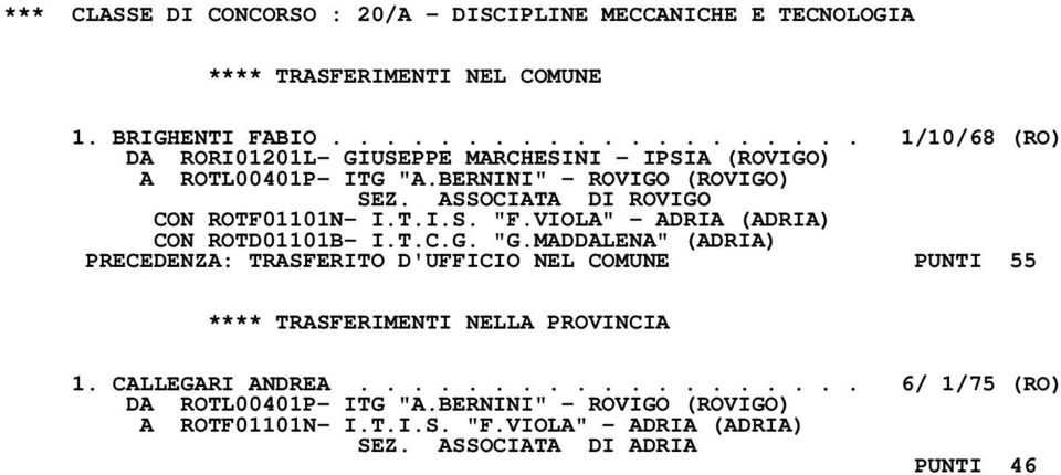 BERNINI" - ROVIGO (ROVIGO) CON ROTF01101N- I.T.I.S. "F.VIOLA" - ADRIA (ADRIA) CON ROTD01101B- I.T.C.G. "G.