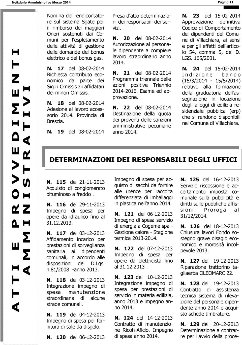 ri Omissis zii affidatari dei minori Omissis. N. 18 del 08-02-2014 Adesione al lavoro accessorio 2014. Provincia di Brescia. N. 19 del 08-02-2014 Presa d'atto determinazioni dei responsabili dei servizi.