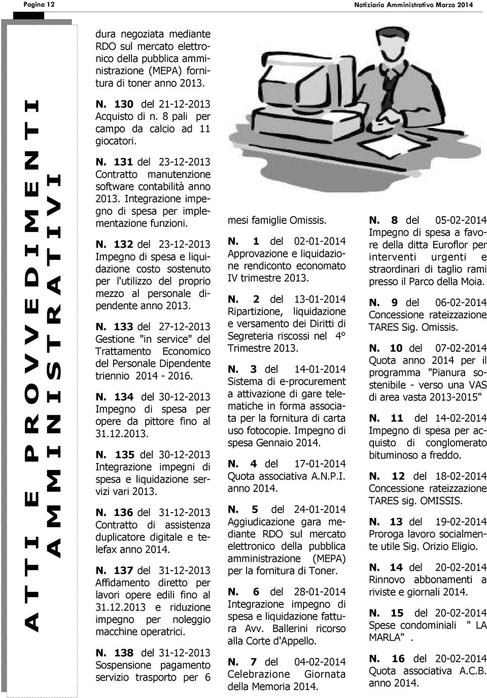 Integrazione impegno di spesa per implementazione funzioni. N. 132 del 23-12-2013 Impegno di spesa e liquidazione costo sostenuto per l'utilizzo del proprio mezzo al personale dipendente anno 2013. N. 133 del 27-12-2013 Gestione "in service" del Trattamento Economico del Personale Dipendente triennio 2014-2016.