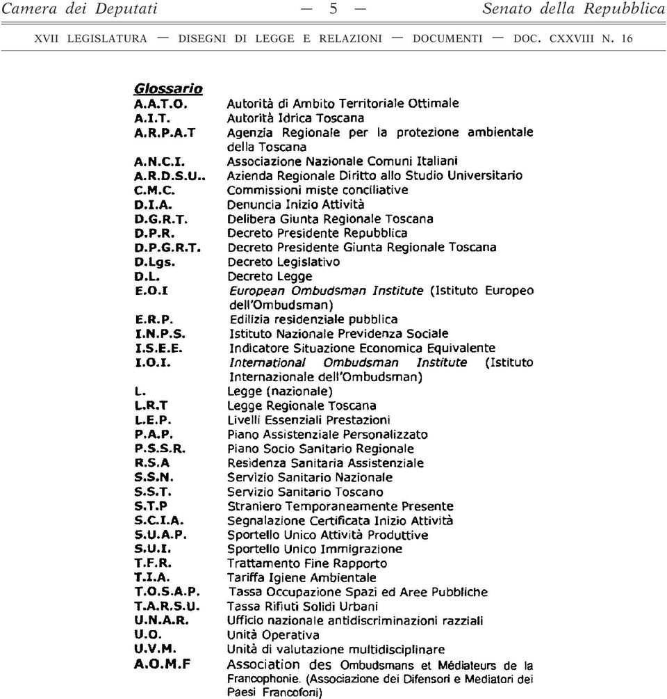 P.G.R.T. Decreto Presidente Giunta Regionale Toscana D.Lgs. Decreto Legislativo D.L. E.O.I Decreto Legge European Ombudsman Institute (Istituto Europeo dell'ombudsman) E.R.P. Edilizia residenziale pubblica I.