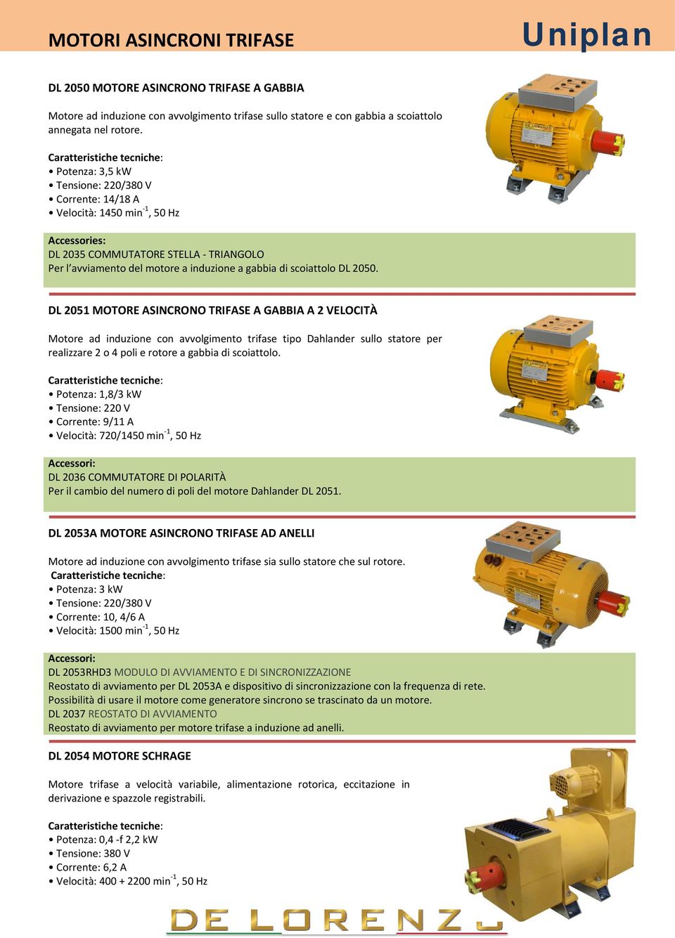 2050. DL 2051 MOTORE ASINCRONO TRIFASE A GABBIA A 2 VELOCITÀ Motore ad induzione con avvolgimento trifase tipo Dahlander sullo statore per realizzare 2 o 4 poli e rotore a gabbia di scoiattolo.