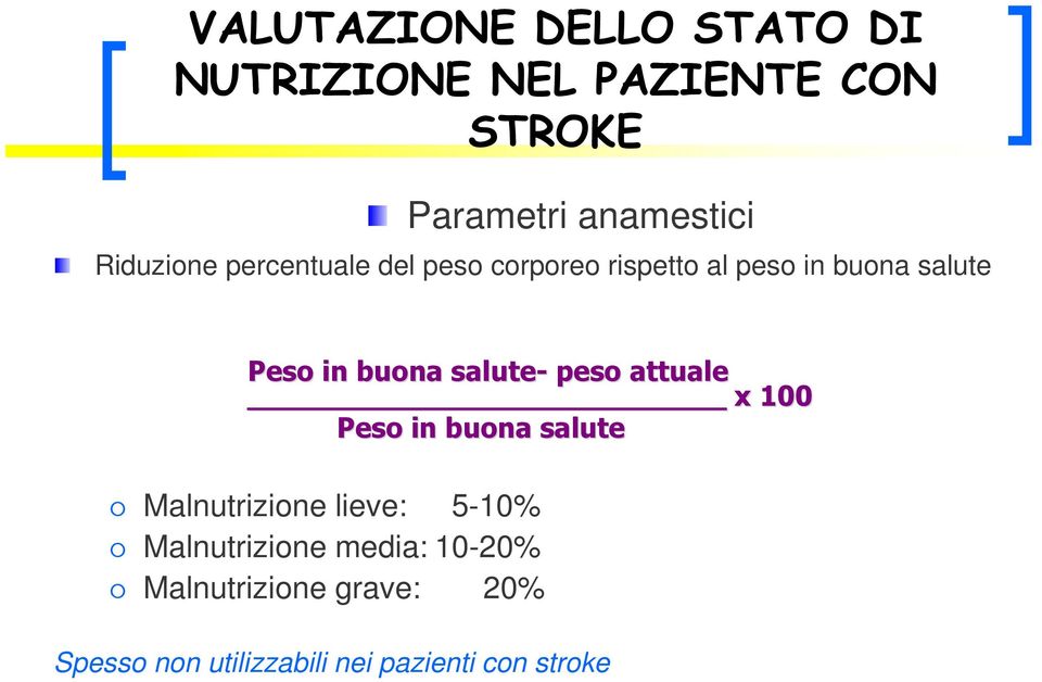 salute- peso attuale x 100 Peso in buona salute Malnutrizione lieve: 5-10%