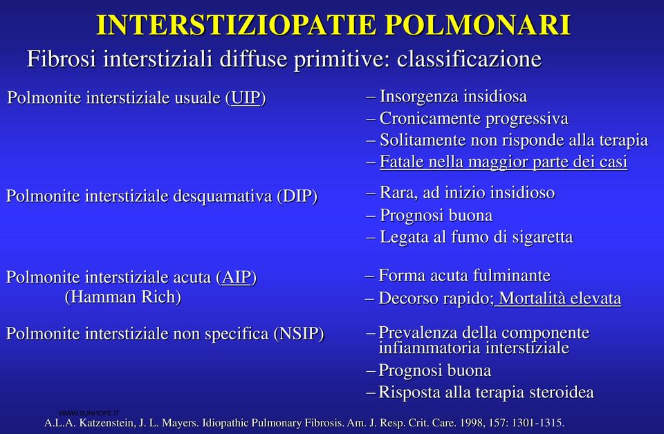 interstiziale acuta (AIP) (Hamman Rich) Polmonite interstiziale non specifica (NSIP) Forma acuta fulminante Decorso rapido; Mortalità elevata Prevalenza della componente