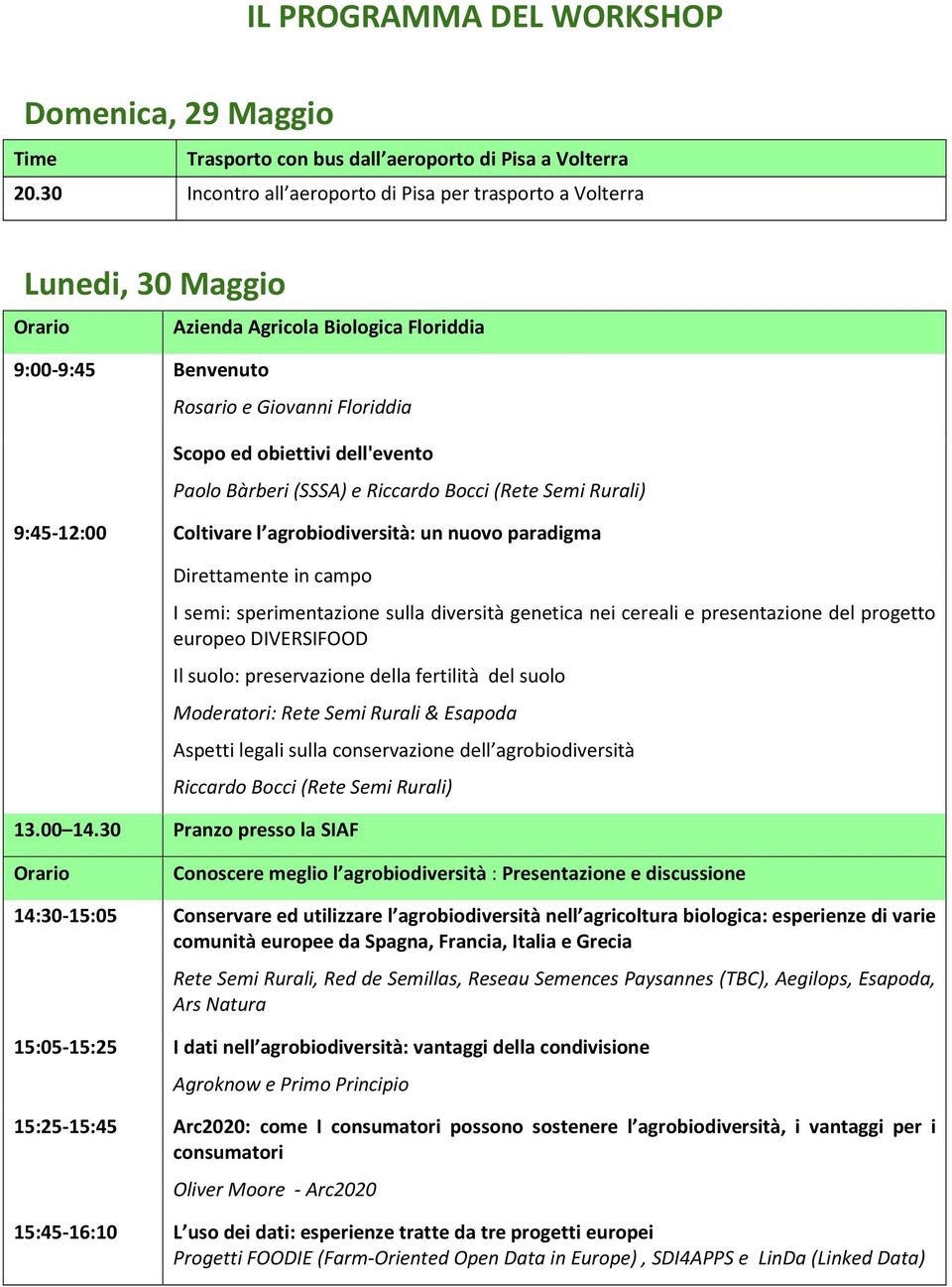 Bàrberi (SSSA) e Riccardo Bocci (Rete Semi Rurali) 9:45-12:00 Coltivare l agrobiodiversità: un nuovo paradigma Direttamente in campo I semi: sperimentazione sulla diversità genetica nei cereali e