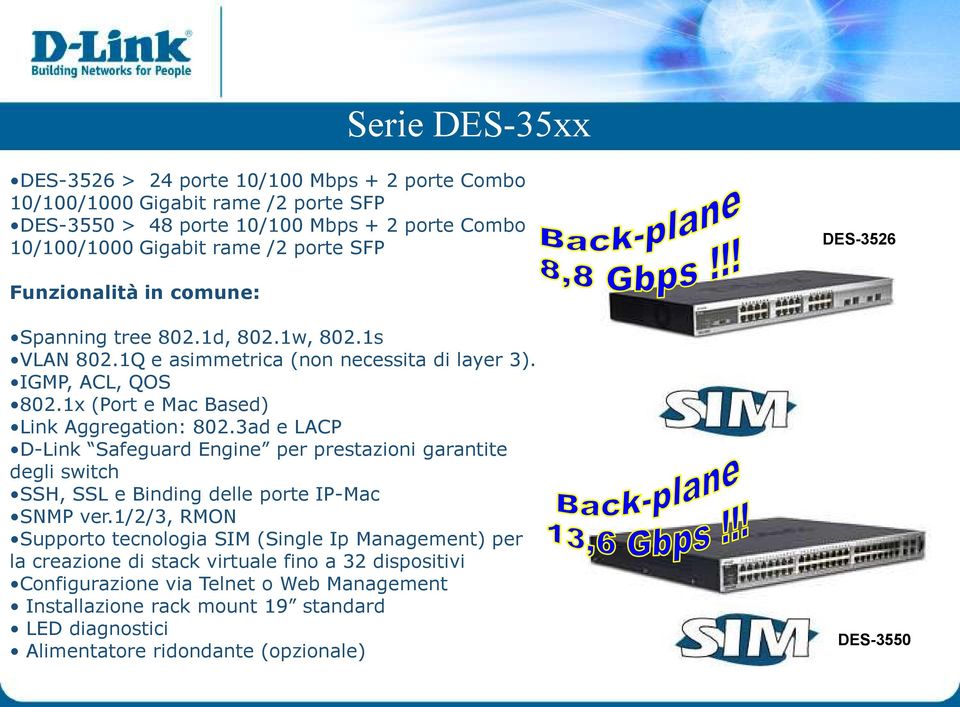 3ad e LACP D-Link Safeguard Engine per prestazioni garantite degli switch SSH, SSL e Binding delle porte IP-Mac SNMP ver.